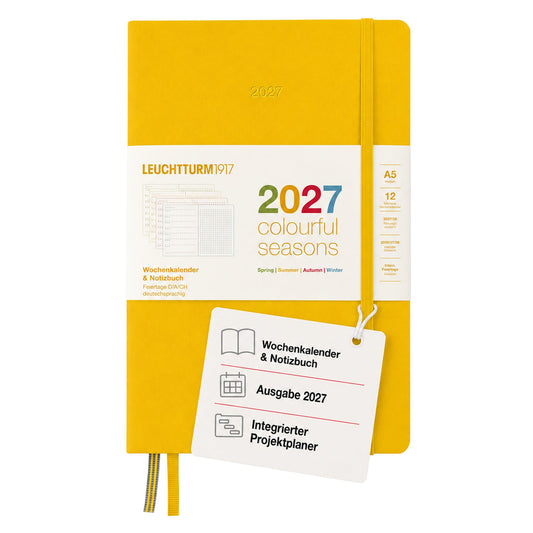 LEUCHTTURM1917 Weekly Calendar & Notebook Dotted Medium (A5) 2027, Colorful SeasonsYellow, German, Hardcover, Calendar Overview 2026/2027/2028, Planning Overview 01.27-12.28, Project Planner, Folding Pocket - 400199