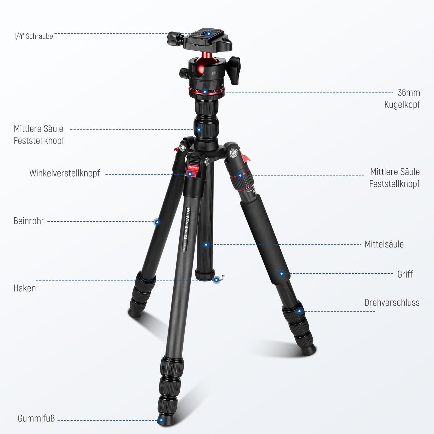 NEEWER Basics Carbon Fiber Travel Tripod Monopod, 64" Compact Lightweight Portable Cell Phone Camera Tripod Compatible with iPhone Video Recording, Arca Ball Head, Maximum Load 13.2 lbs, TP17B