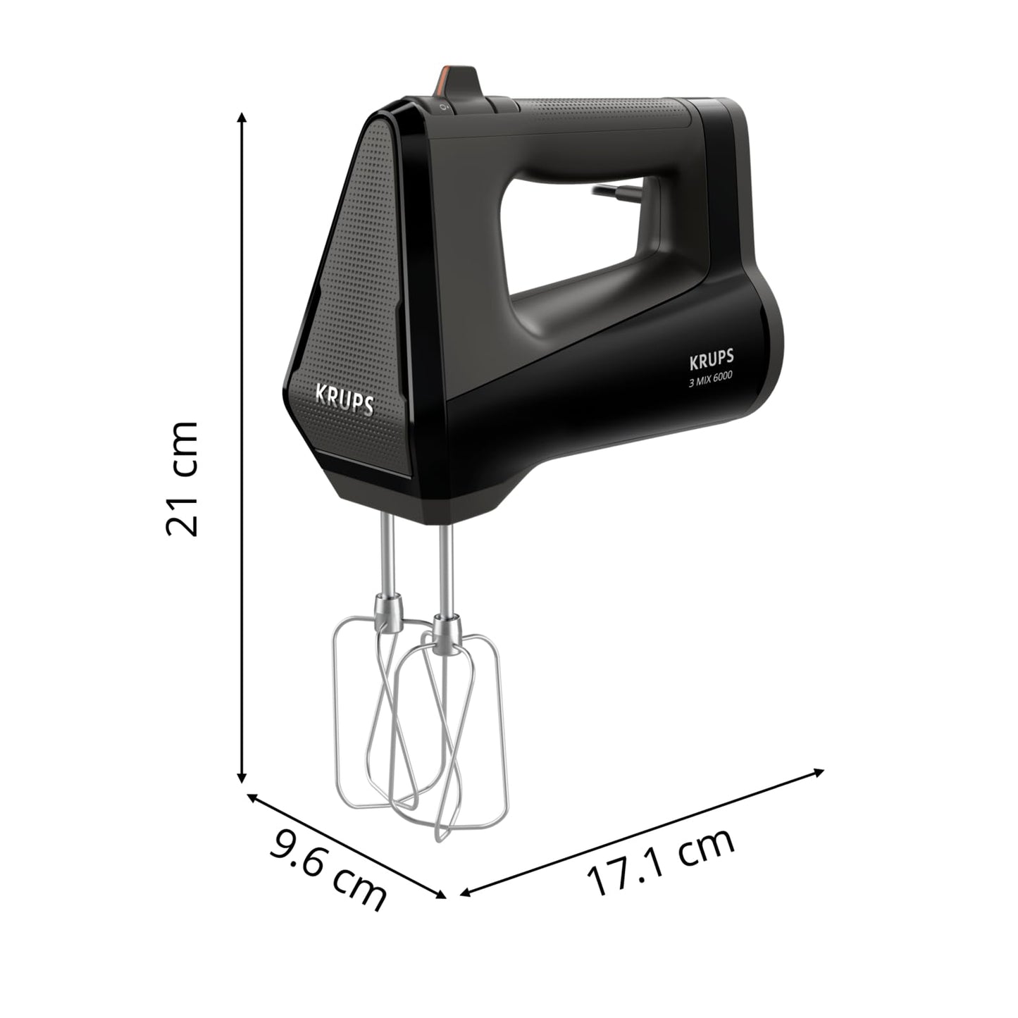 Krups 3MIX 6000 hand mixer, 600 W, precise control, soft touch handle, long cable, practical speed control, hand mixer incl. beaters and dough hook, black, GN6028