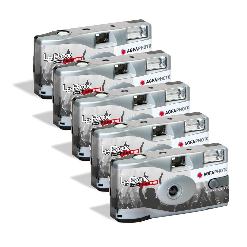 AgfaPhoto Black and White Disposable Camera - LeBox Flash Black & White (Pack of 5) - 35mm, 5x36 shots, APX ISO 400 film, 31mm lens, fixed focus and built-in flash - Gray - 3760265545469