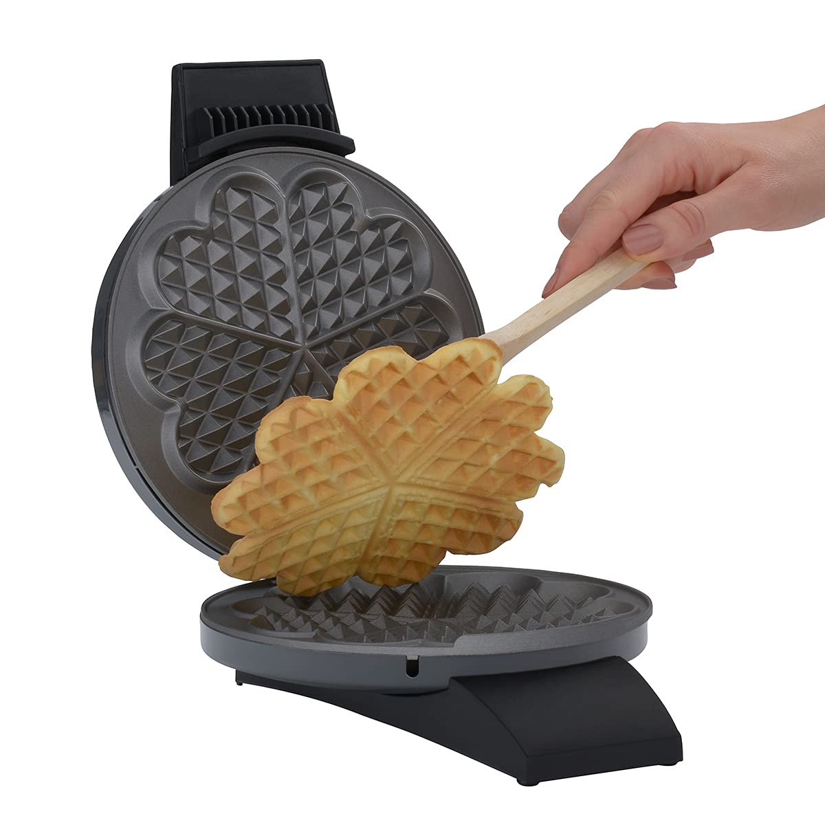 Cloer 1625 waffle iron for classic heart waffles, 930 W, waffle size 15.5 cm, continuously selectable browning level, practical stand function, metal, gray