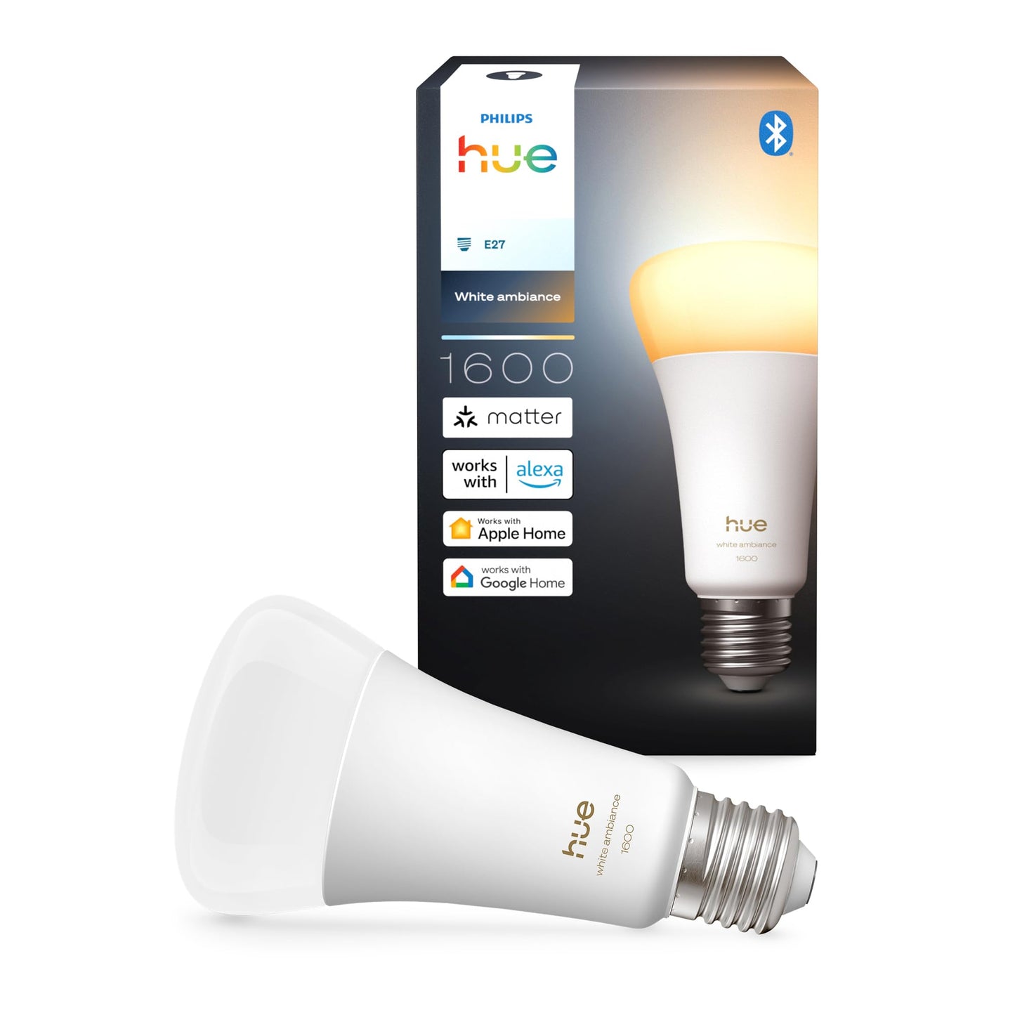 Philips Hue Smart LED A60 lamp, White Ambiance, LED bulb with E27 socket, 8.1W, full spectrum light 1000K-20000K, 1600 lumens, dimmable, smart light compatible with voice assistants, pack of 2 - 929003855001