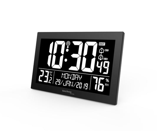 Technoline digital radio clock WS8017 with DCF77 - large LED display, temperature & humidity, 2 alarms with snooze function, calendar up to 2099, 12/24h format, table & wall clock with white LEDs