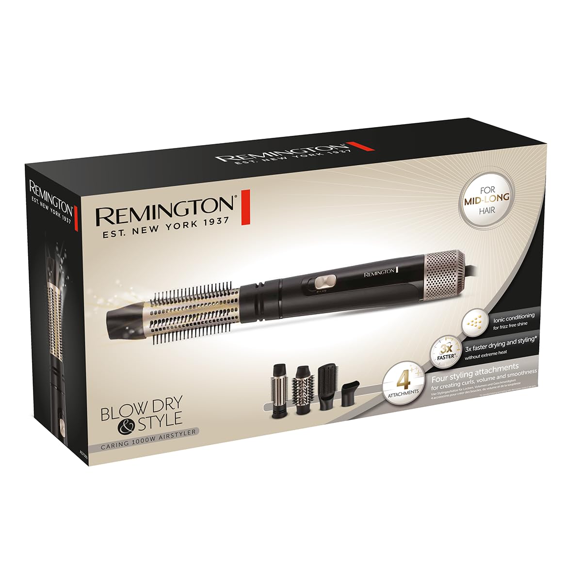 Remington Warmluftbürste [incl. 4 accesorii: perie rotundă de 38mm&50mm, duză de styling, perie plată] Uscare&Stilizare (bucle, volum&stiluri netede pentru părul de lungime medie) îngrijire cu ioni, nivel de răcire, 1000W, AS7500