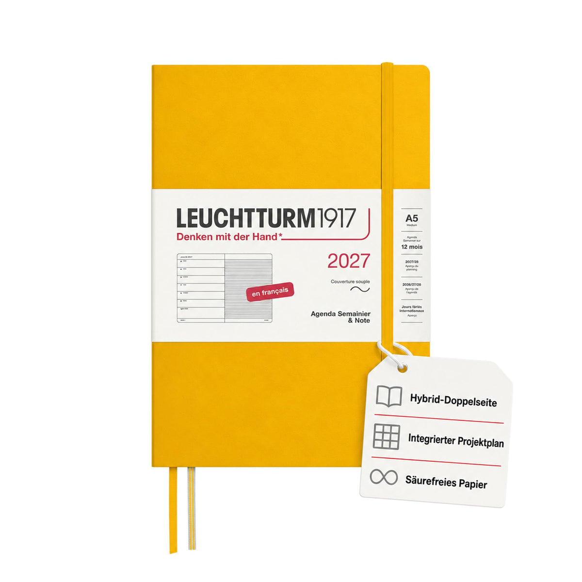 LEUCHTTURM1917 weekly calendar 2027 medium (A5) with notebook, lined - French appointment planner, sunflower, softcover, January-December 2027, weekly overview on the left + note page on the right - 400390