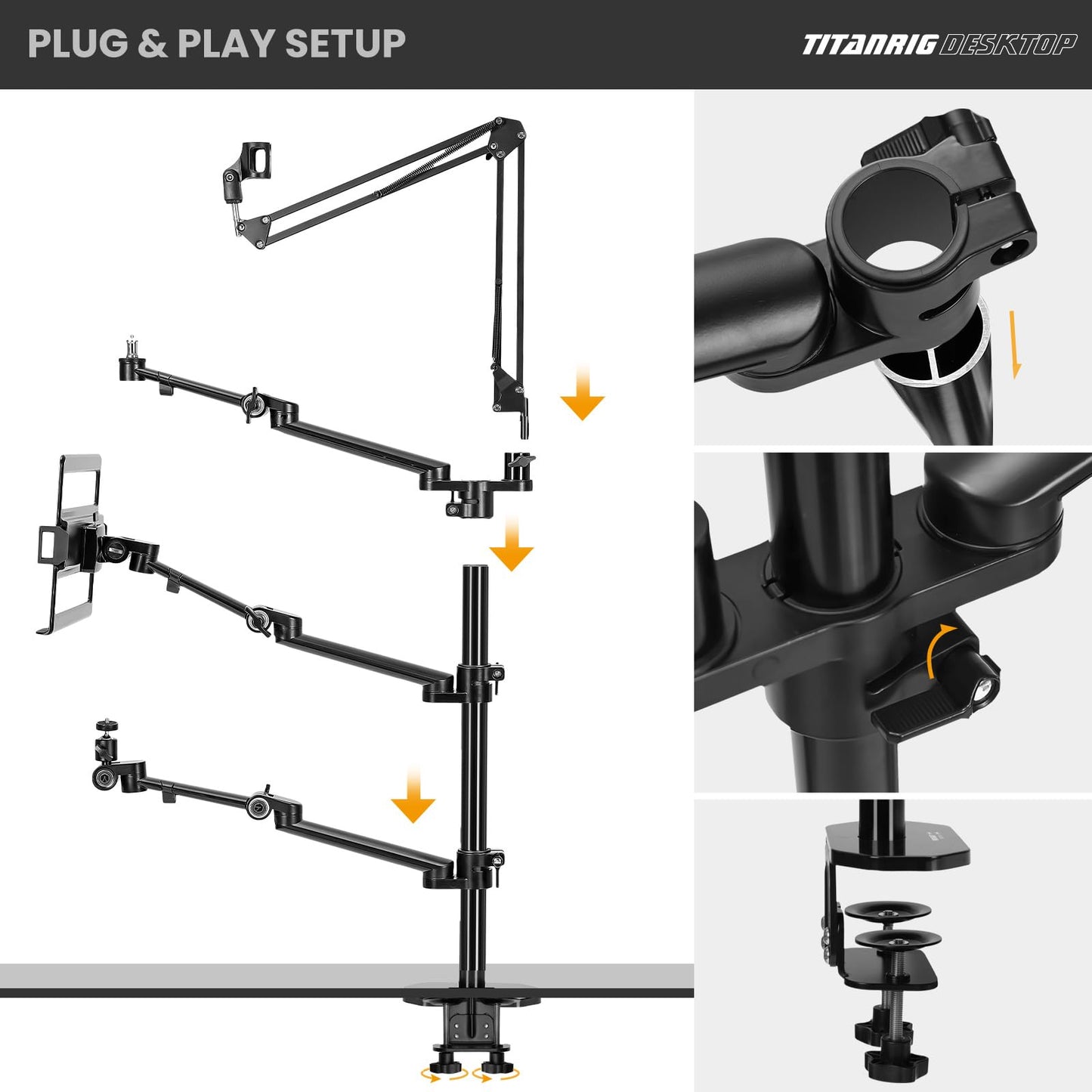 TARION table tripod camera overhead tripod: camera table mount clamp tripod flexible table mount with 4 articulated arms for ring light monitor microphone photography video live streaming titan rig (table set) - TitanRig-Desk