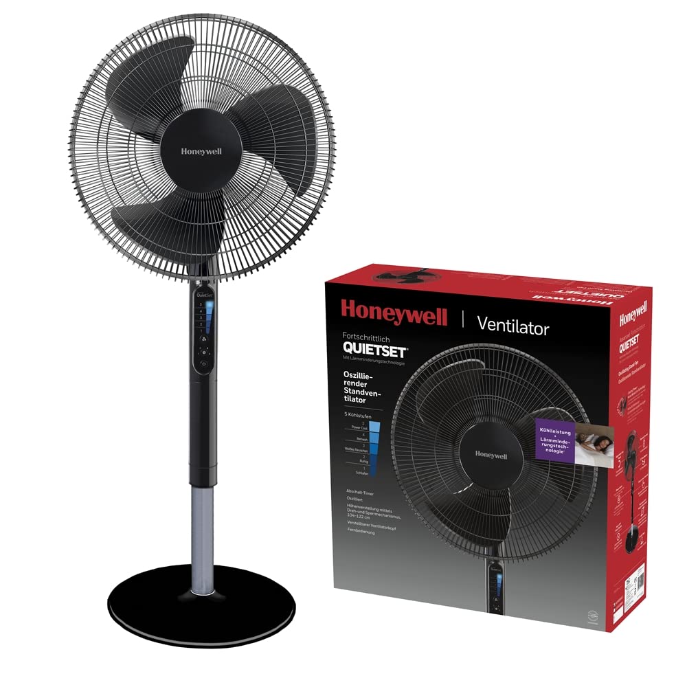 Honeywell Advanced QuietSet Oscillating Pedestal Fan (5 Speed Settings, Timer Function, 70° Oscillation, Height Adjustment, Remote Control, Easy to Use) HSF600B - HSF600BE4