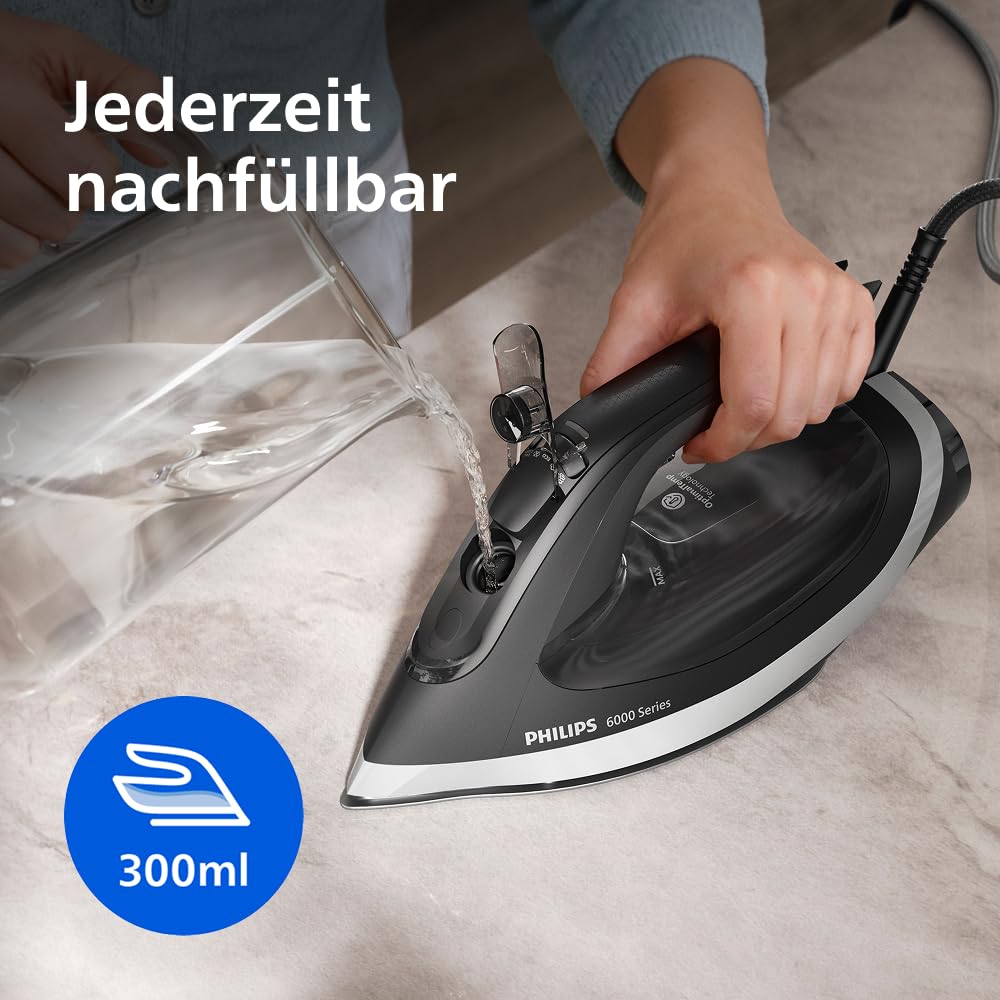 Philips 6000 Series steam iron - guaranteed without burn marks thanks to OptimalTEMP, 190g steam boost, 45g continuous steam, SteamGlide Plus soleplate, drip stop, automatic switch-off (DST6120/80)