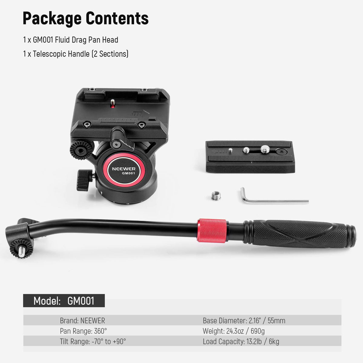 NEEWER Video Tripod Fluid Head with Quick Release Plate, compatible with Manfrotto, telescopic handle & panorama scaled base (⌀55mm), max. load 13.2lb/6kg, high load capacity for DSLR video cameras, GM001