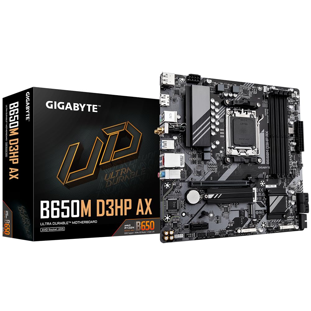 Placa de bază GIGABYTE B650M D3HP AX - Seria AMD Ryzen 9000, VRM cu 5+2+2 faze, până la 7600 MHz DDR5 (OC), 2xPCIe 4.0 M.2, LAN 2,5 GbE, WiFi 6E, USB 3.2 Gen 1