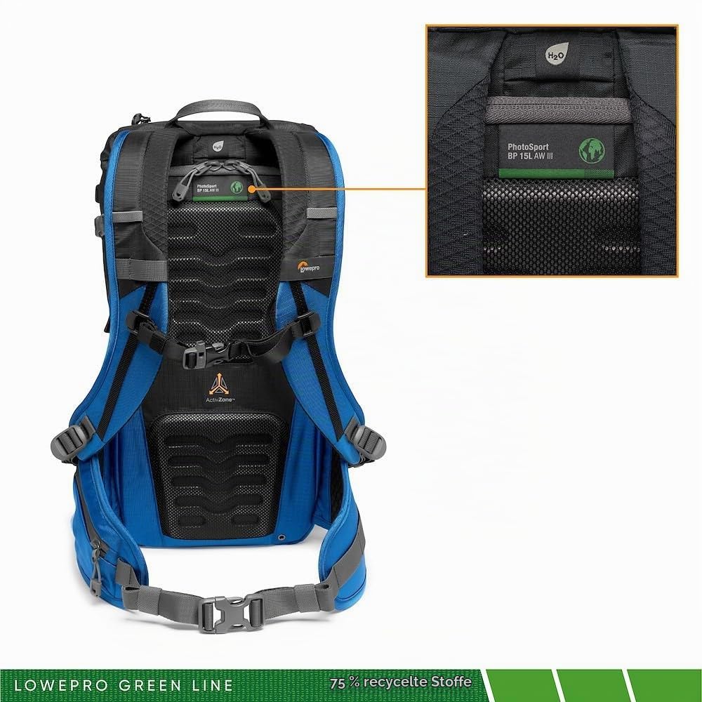 Lowepro PhotoSport BP 15L AW III, rucsac pentru cameră de tip wander, pentru camere mirrorless, acces lateral, inserție pentru cameră detașabilă și sistem de curea pentru accesorii, albastru și negru, compatibil cu Sony α6000.