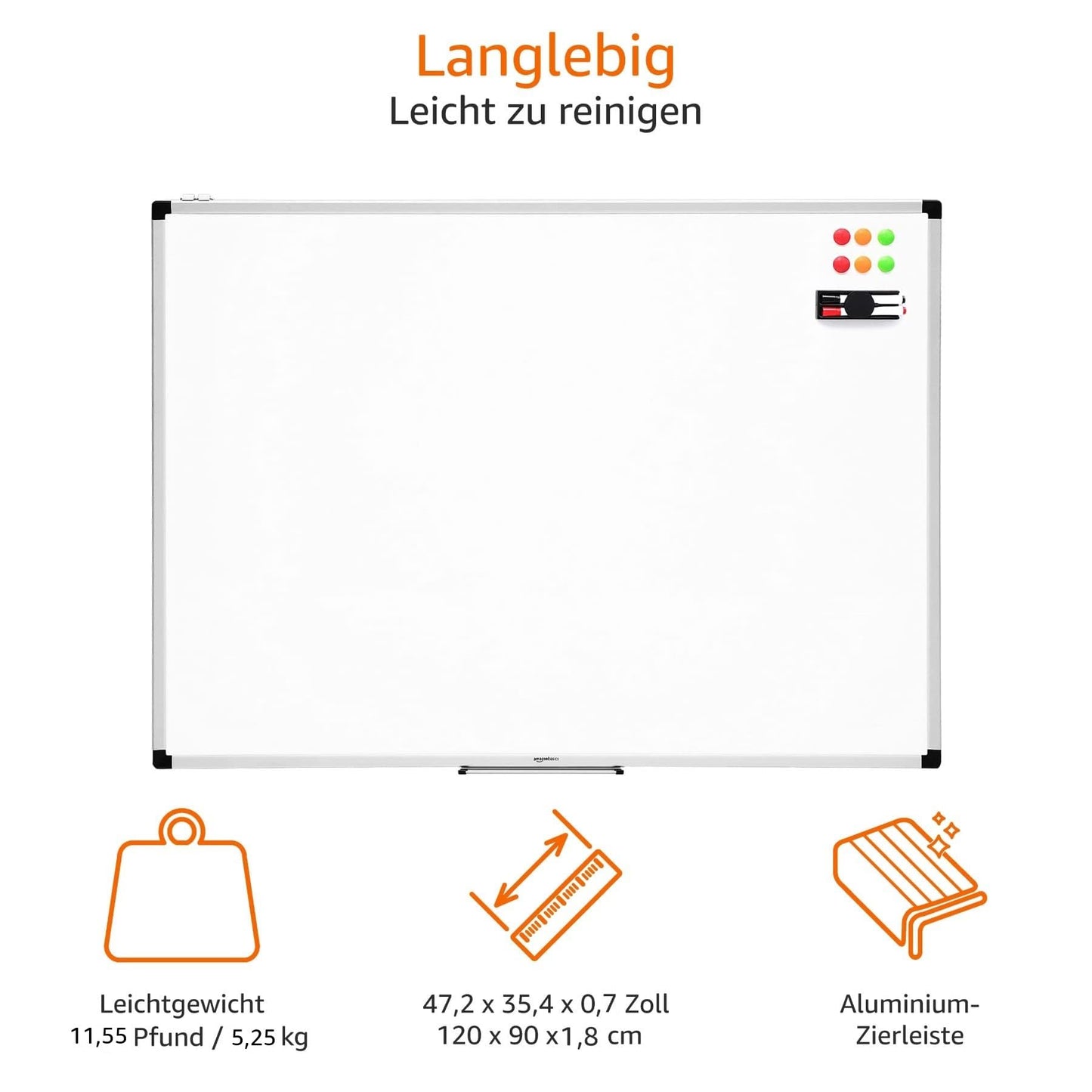 Amazon Basics magnetic whiteboard with aluminum frame, pen holder, 6 magnets, 1 eraser and 2 markers for use in the office and at home, for wall mounting, dry-wipe, 120cm x 90cm - 1548964532