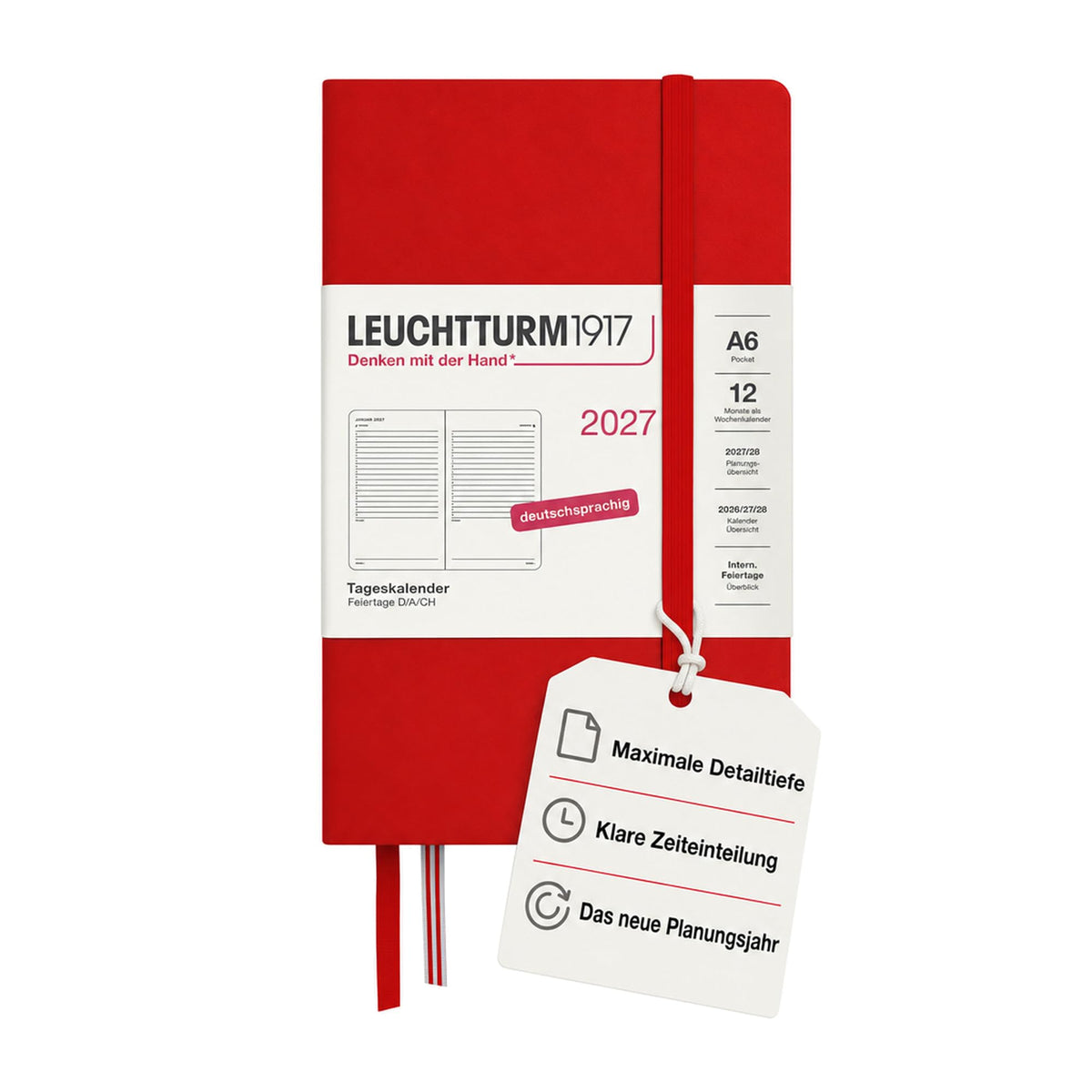 LEUCHTTURM1917 Daily Calendar 2027 Pocket (A6) - German, Cherry, 90 x 150 mm, January-December (12 months), 1 page per day, hourly grid 7:00-22:00, hardcover, 80 g/m² paper - 400165