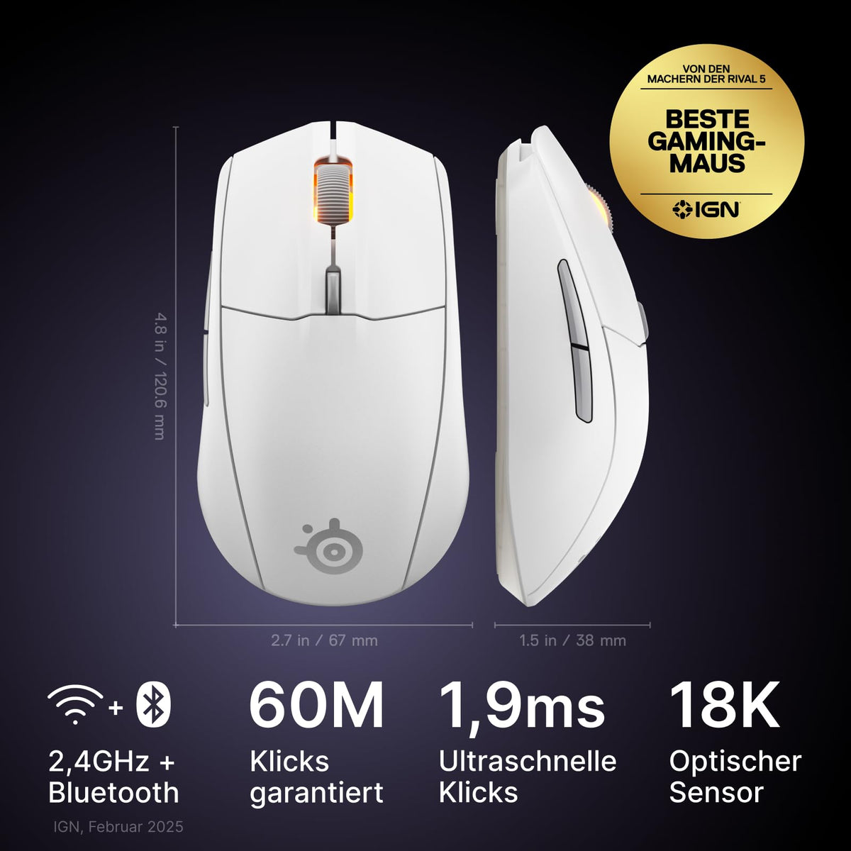 SteelSeries Rival 3 Wireless Gen 2 Gaming Mouse – 2.4 GHz and Bluetooth – 18,000 DPI TrueMove Air Optical Sensor – 60 Million Clicks Guaranteed – Ultra-Lightweight – PTFE Glide Feet - White - 62524