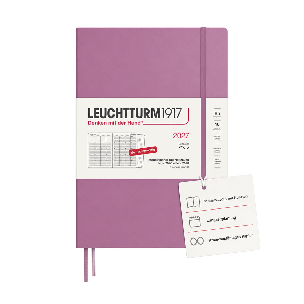 LEUCHTTURM1917 planificator lunar cu caiet 2027 Compoziție (B5) - Germană, Dusty Rose, copertă moale, 178 x 254 mm, 16 luni (01.11.2026-28.02.2028), 132 pagini de note punctate cu cuprins - 400171
