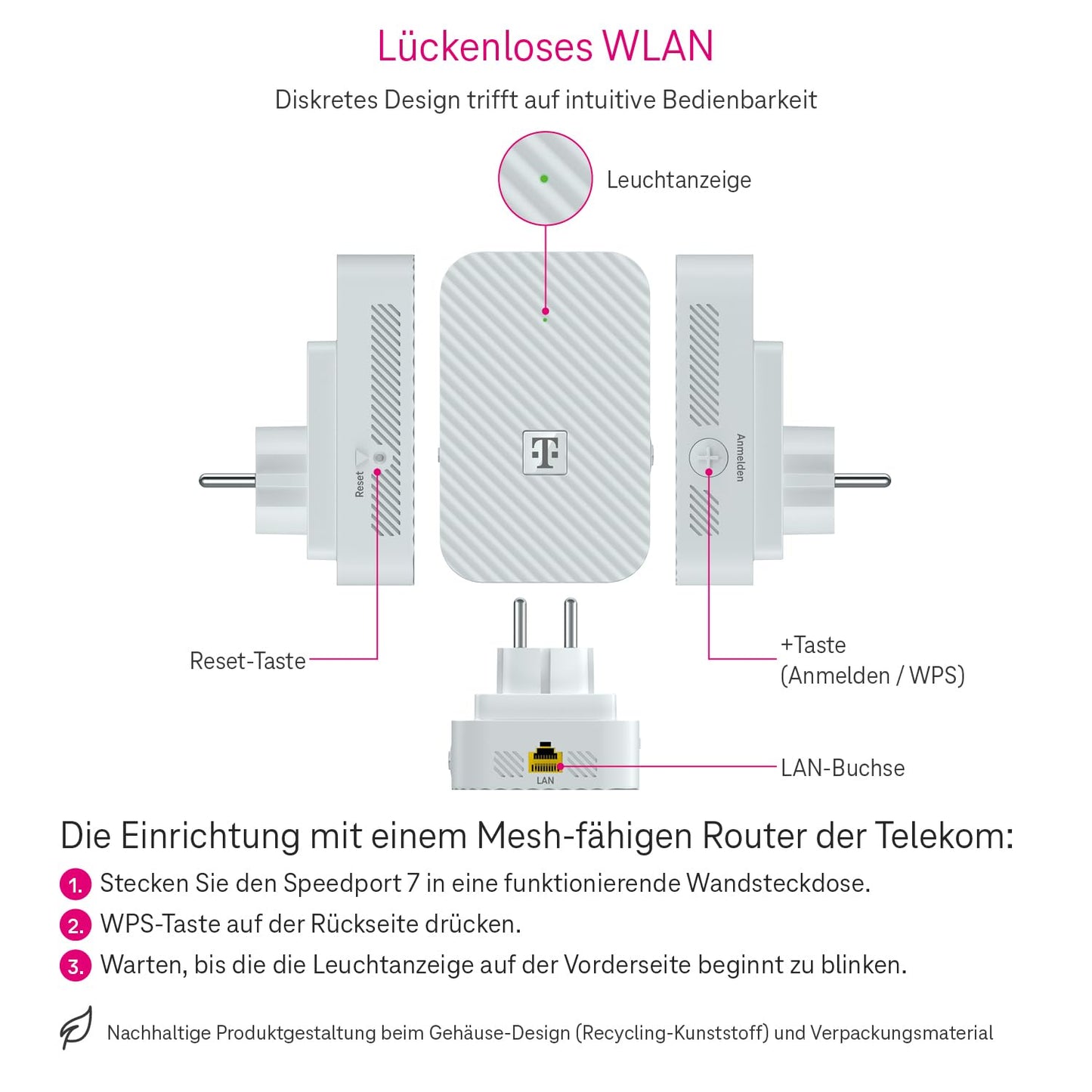 Telekom Speedport 7 Repeater - only compatible with Speedport 7 router I Wi-Fi 7 capable WLAN amplifier I 6,400 Mbit/s, mesh technology I Ideal for TV in UHD & 4K I Plug & Play via WPS, LAN connection - 40824381