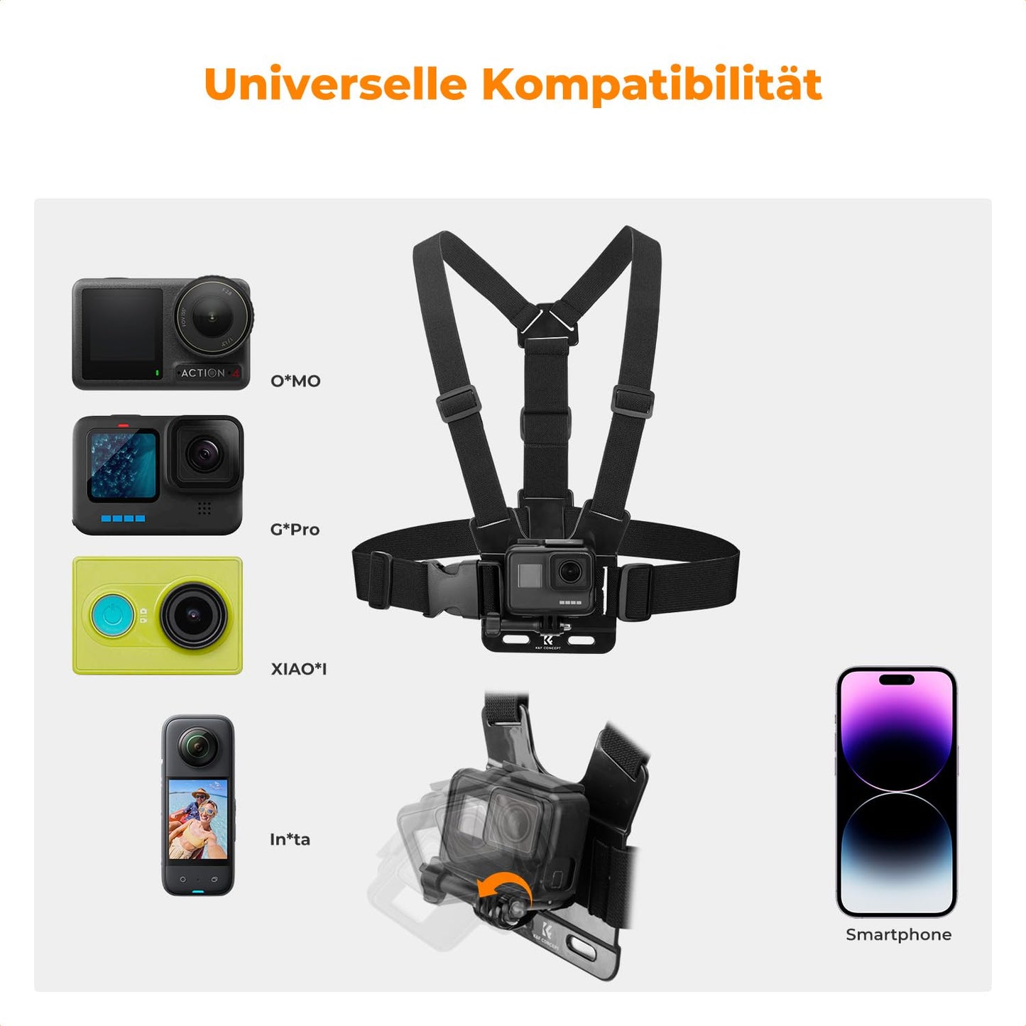 K&F CONCEPT Action Camera Accessories Kit Chest Strap Backpack DJI Osmo 360/Insta360 X5/X4/X3 Shoulder Strap Holder 360° Rotating Head Strap and Hand Strap for GoPro Hero 13/12/11/10/9/8/Osmo Action Series - SKU.2289