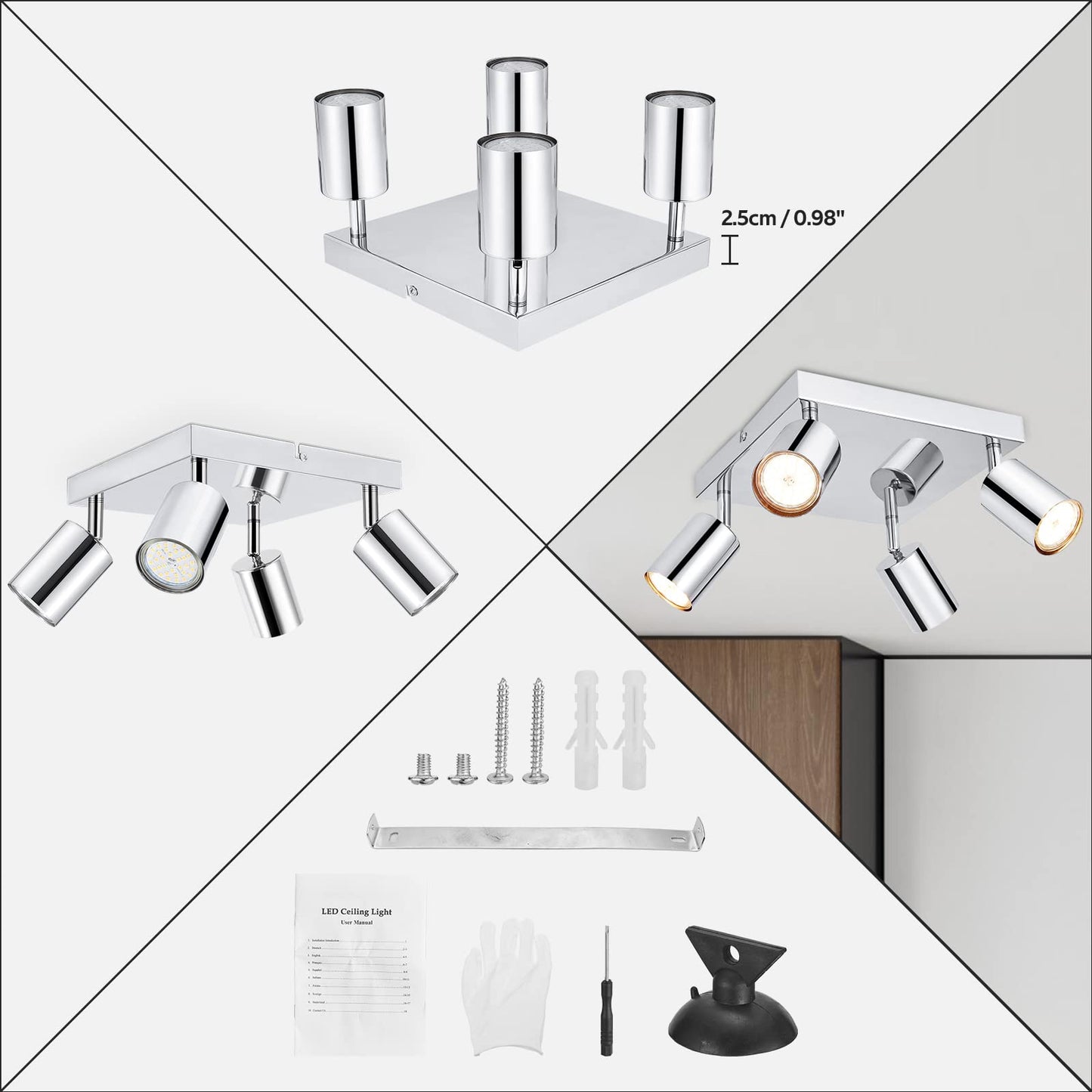 Dehobo LED ceiling spotlight 4 bulbs square swivel 350°, ceiling light spotlight GU10 ceiling lamp kitchen lamp ceiling spot for living room bedroom hallway, no GU10 bulb - D0460
