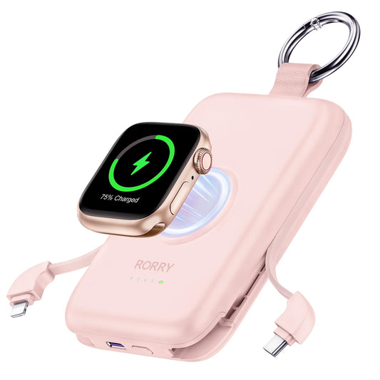RORRY Power Bank, 10000mAh Power Bank Fast Charging Function PD 20W with Integrated Cable, Travel Portable Charger External Mobile Phone Batteries for iPhone 17/16/15/14 and Apple Watch Ultra 11/10/9/8/7/SE, Pink - D2-10000