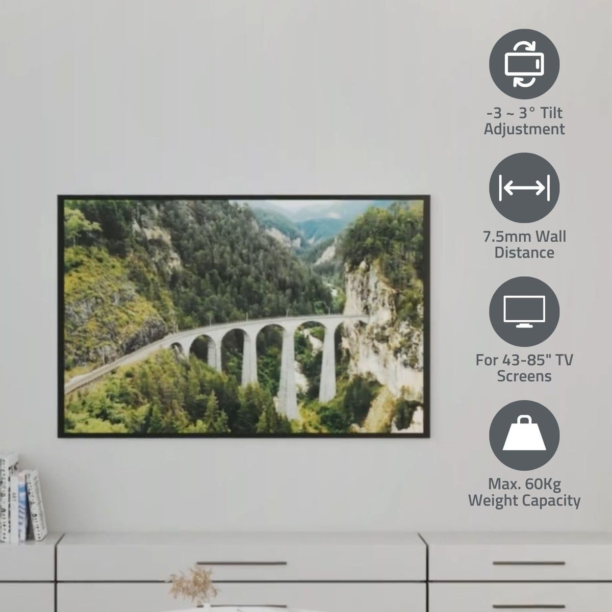 Suport de perete pentru TV - 43-85" - greutatea maximă suportată a ecranului: 60 kg - Distanța minimă de la perete: 7.50 mm - Oțel - Negru - TVWM5065BK