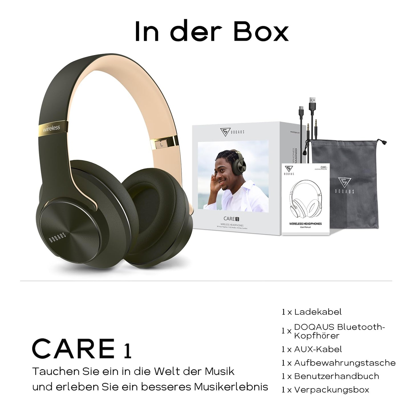 DOQAUS Bluetooth Headphones Over Ear, Up to 90 Hours Wireless Headphones with 3 EQ Modes, HiFi Stereo Foldable Headset with Microphone, Soft Ear Pads for Travel/Office/Cell Phone/PC/Laptops-Green - Care1