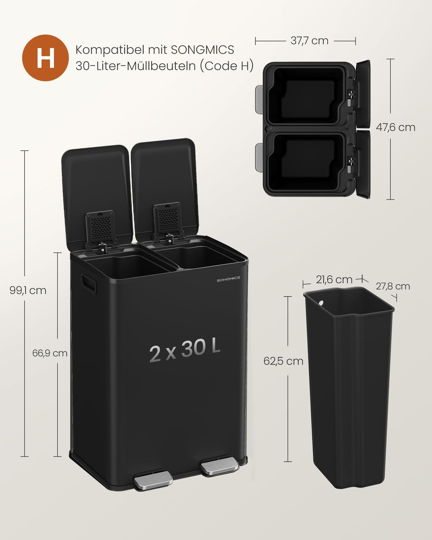 SONGMICS kitchen trash can, 2 x 30 liters, 2 compartments, trash can, pedal trash can, kitchen trash can with soft close lid and inner bucket, steel, including 15 trash bags, ink black LTB741B02