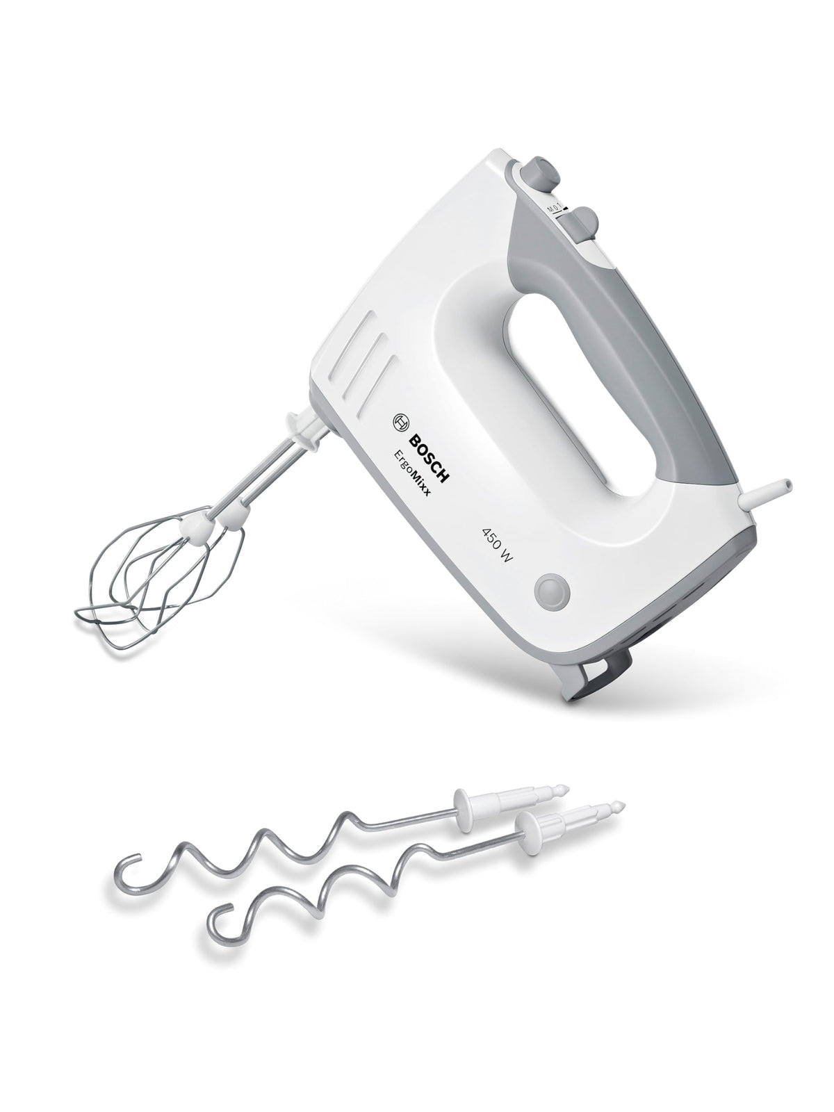 Bosch Hand Mixer ErgoMixx MFQ36400, 2 beaters, 2 stainless steel dough hooks, dishwasher safe, 5 speed settings plus turbo mode, 450 W, white