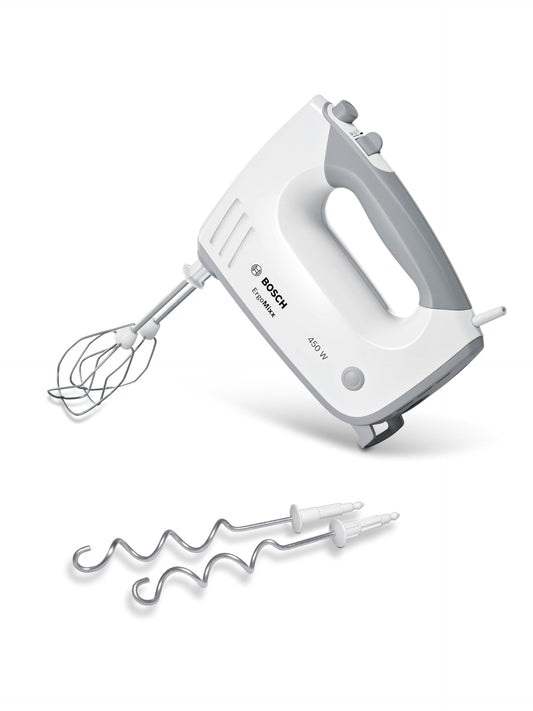Bosch Hand Mixer ErgoMixx MFQ36400, 2 beaters, 2 stainless steel dough hooks, dishwasher safe, 5 speed settings plus turbo mode, 450 W, white