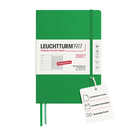LEUCHTTURM1917 Weekly Calendar 2027 Medium (A5) with Notebook - German Appointment Planner, Spring Leaf, January-December 2027, Weekly Overview on the Left + Notes Page on the Right - 400053