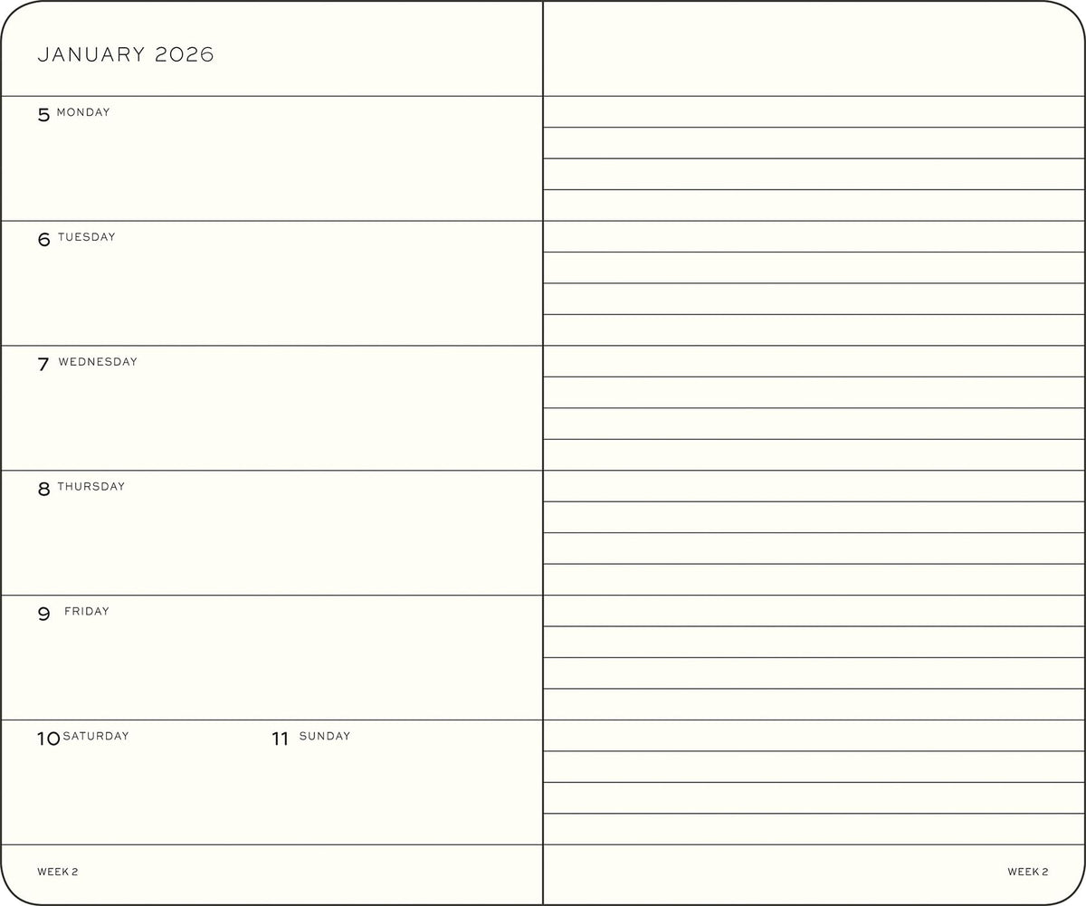 LEUCHTTURM1917 372699 Calendar săptămânal și buzunar pentru caiet (A6) 2026, copertă moale, cerneală, engleză