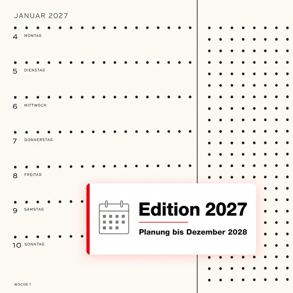 LEUCHTTURM1917 Calendar săptămânal 2027 punctat mediu (A5) cu caiet - Planificator de întâlniri german, verde pădure, ianuarie-decembrie 2027, prezentare generală săptămânală în stânga + pagină cu note în dreapta - 400095