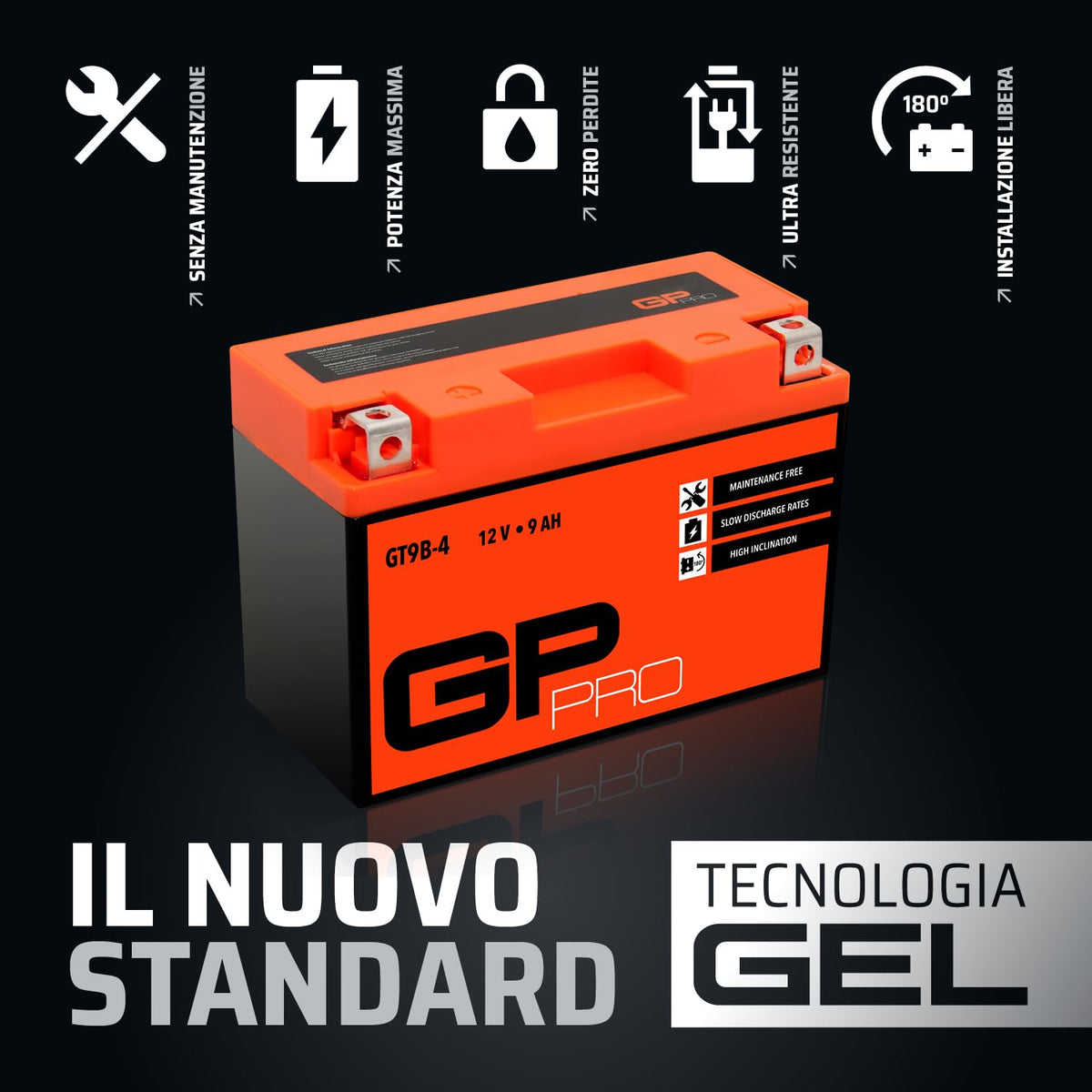 GP-PRO Gel Battery GT9B-4 12 V 9 Ah 120 A Motorcycle Battery - GP-025