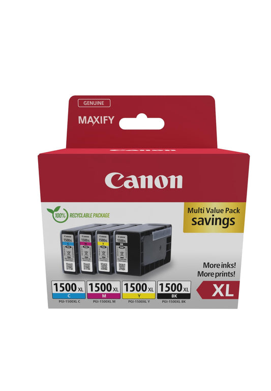 Canon PGI-1500 XL C M Y BK Advantage Pack 4 Ink Cartridges with larger range XL (Black, Cyan, Magenta, Yellow) Original [Recyclable cardboard packaging 2024] - 9182B010