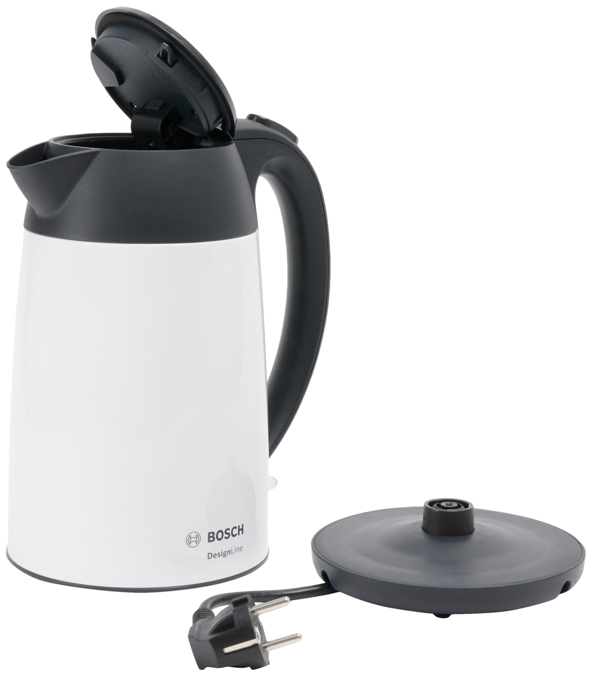 Bosch cordless kettle DesignLine TWK3P421  
 DesignLine cordless kettle, spill-free pouring, cup indicator, water level indicator, overheating protection, 1.7 L, 2400 W, white