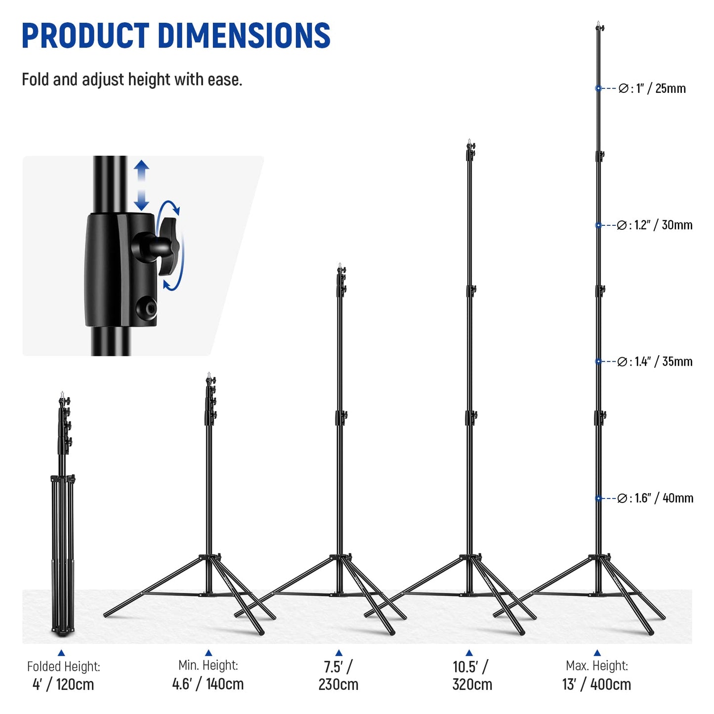 NEEWER 4m light stand, air-cushioned heavy duty metal tripod for ring light photography lamps with 1/4" to 3/8" screw adapter and 3-way interfaces, load capacity: 3kg, ST-400AC