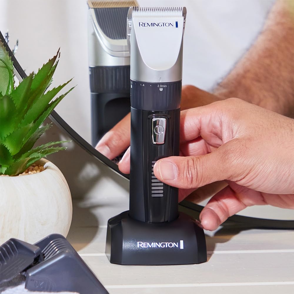 Remington Hair Clipper Professional [self-sharpening ceramic blades/0.8-40mm/precision adjustment] Hair Clipper Set (10 attachment combs, corded/cordless operation, lithium, aluminum case, hairdresser cape) HC5811