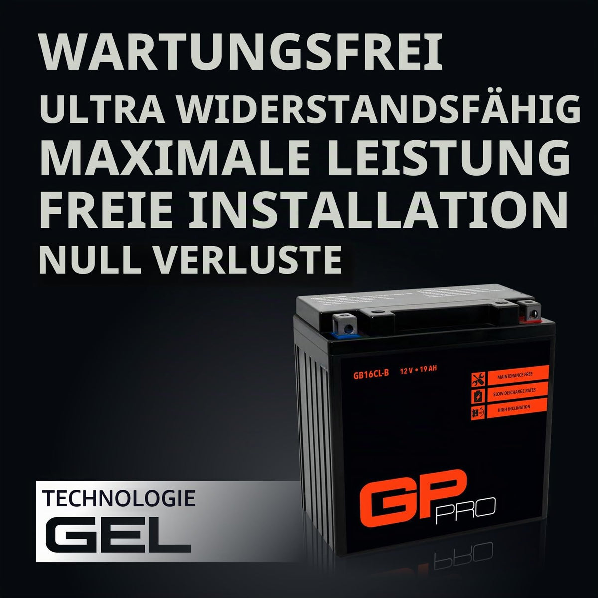 GP-PRO gel battery GB16CL-B 12V 19Ah compatible with Hyosung 450 Sport - GP-012