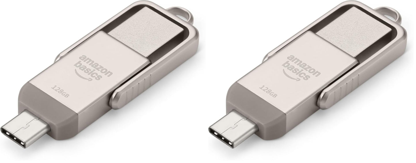 Amazon Basics USB Flash Drive, USB Flash Drive with Dual Ports (USB-C and USB-A), 128GB, Champagne Silver (Pack of 2) - LS25USBC128G1