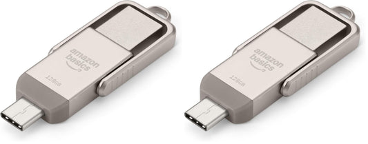Amazon Basics USB Flash Drive, USB Flash Drive with Dual Ports (USB-C and USB-A), 128GB, Champagne Silver (Pack of 2) - LS25USBC128G1