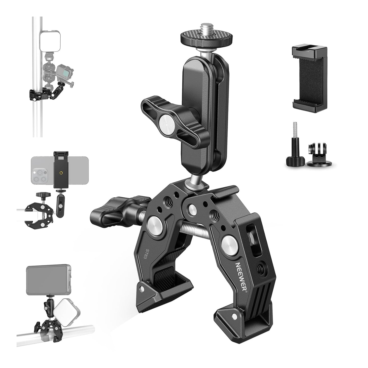 NEEWER Super Clamp Clamp with 3" Dual Ball Head Magic Arm, Cold Shoe, 1/4" Thread, Mobile Phone/Action Cam Mount Adapter for Table Tripod Tube Traverse Gimbal Rods Compatible with SmallRig GoPro DJI, ST83 - 10104474