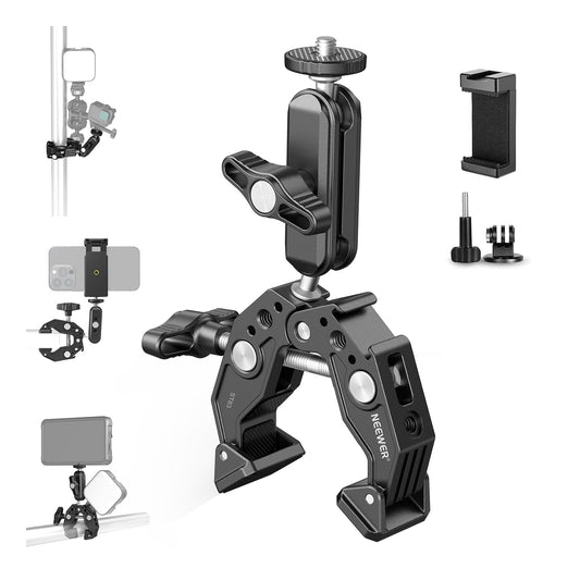 NEEWER Super Clamp Clamp with 3" Dual Ball Head Magic Arm, Cold Shoe, 1/4" Thread, Mobile Phone/Action Cam Mount Adapter for Table Tripod Tube Traverse Gimbal Rods Compatible with SmallRig GoPro DJI, ST83 - 10104474