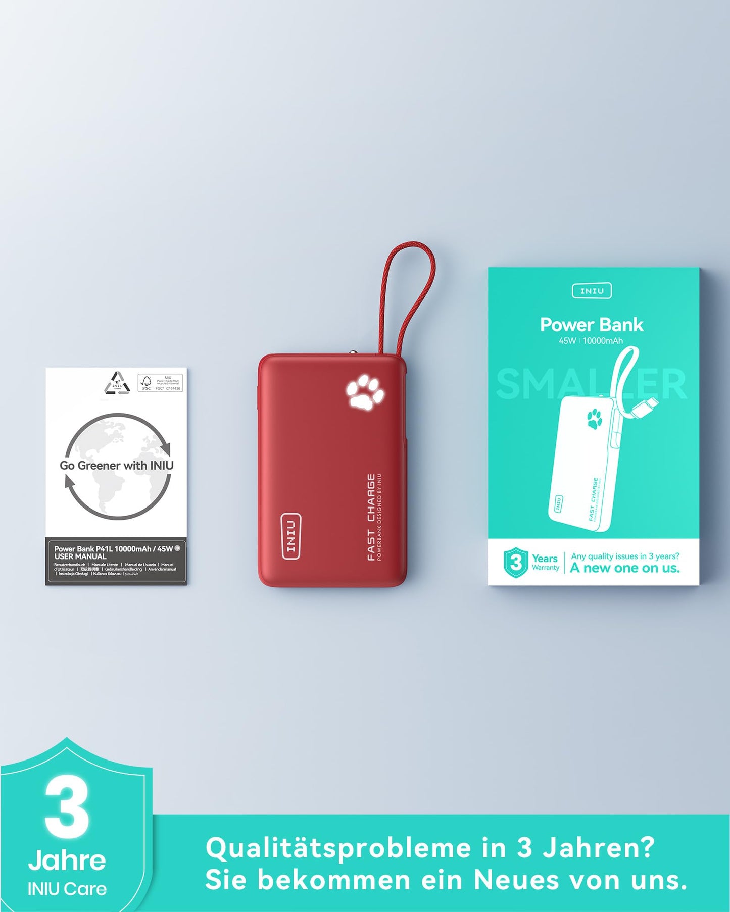 INIU 45W Power Bank, Mini Size 10000mAh PowerBank with Integrated USB-C Cable, Fast Charging External Mobile Phone Batteries USB C In&Out, Small But Strong for iPhone 17 16 15 Xiaomi Mini Samsung, Red - P41L