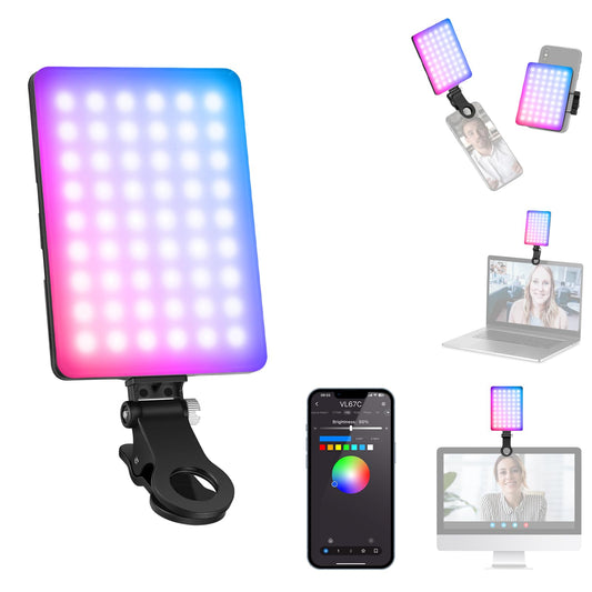 NEEWER VL67C RGB selfie lamp for iPhone, app-controlled, 94 LEDs, CRI97, 2000 mAh, portable, cold shoe mount as camera light, portable clip for front and back, for TikTok
