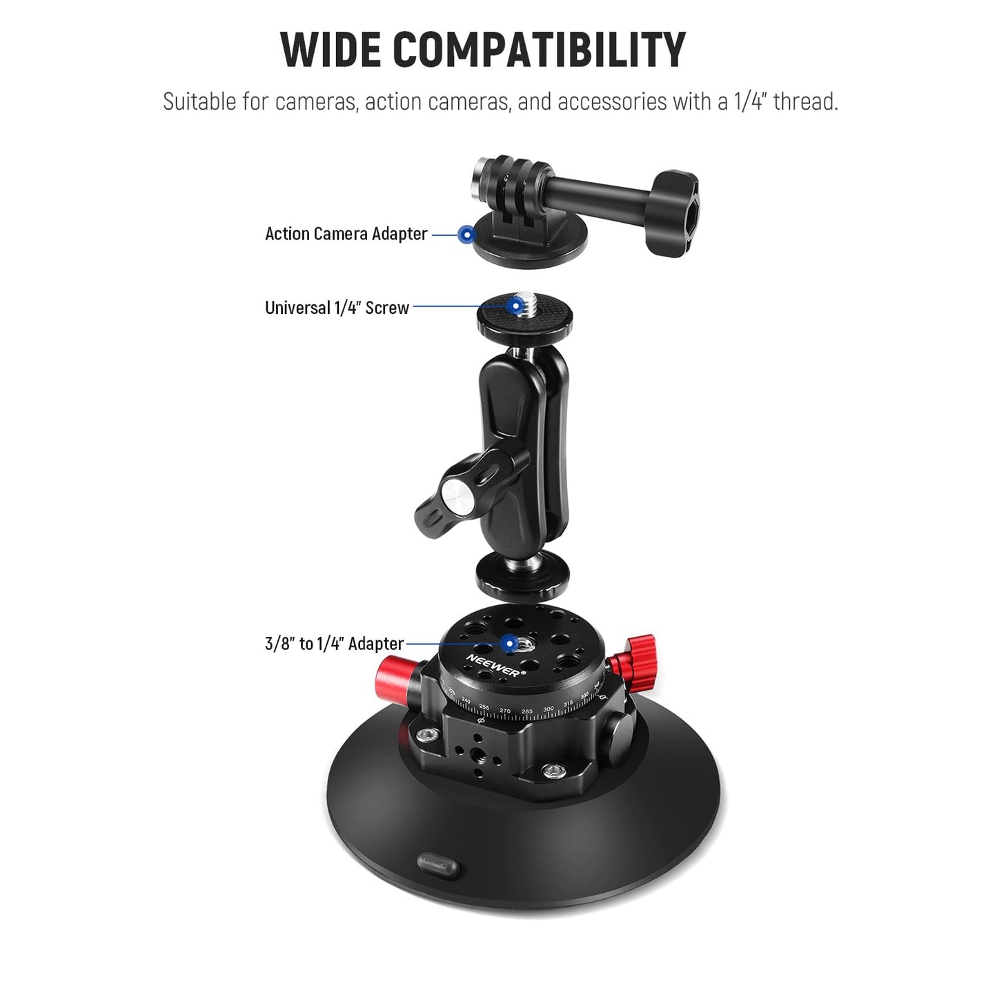 NEEWER 6" Suction Cup Camera Mount Compatible with GoPro Metal Ball Head for Windshield with Magic Arm and Action Cam Adapter Cleaning Cloth for DSLR Mobile Phone Holder for POV Recordings, CA013