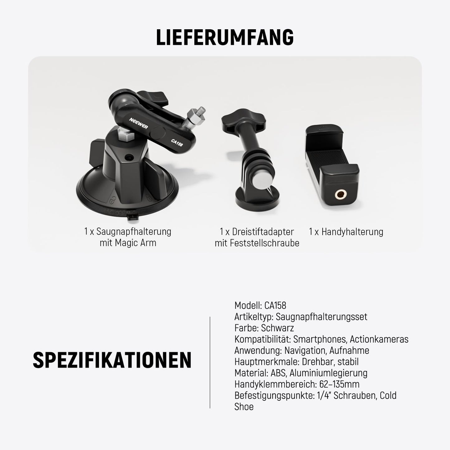NEEWER suction cup mobile phone holder and camera mount compatible with GoPro DJI Insta360 iPhone, car smartphone mount with action cam adapter, 360° magic arm for POV windscreen vlogging CA158