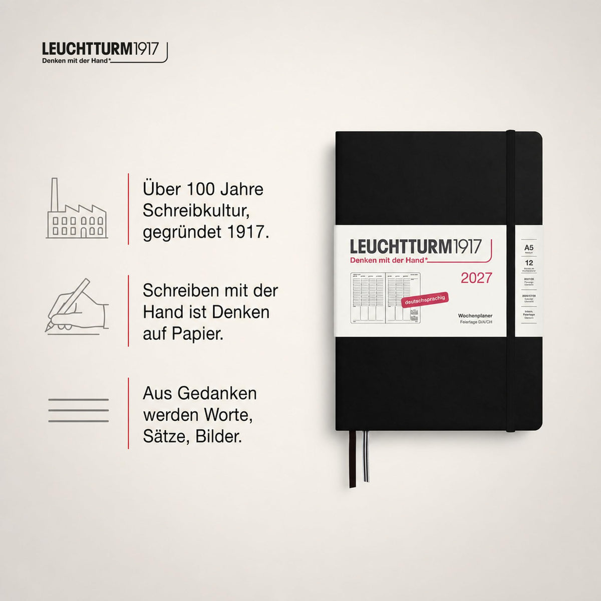 LEUCHTTURM1917 weekly planner 2027 medium (A5) - German, black, 210 x 145 mm, January-December (12 months), weekly overview with hourly grid 7:00-22:00 per column, hardcover, 80 g/m² paper - 400145