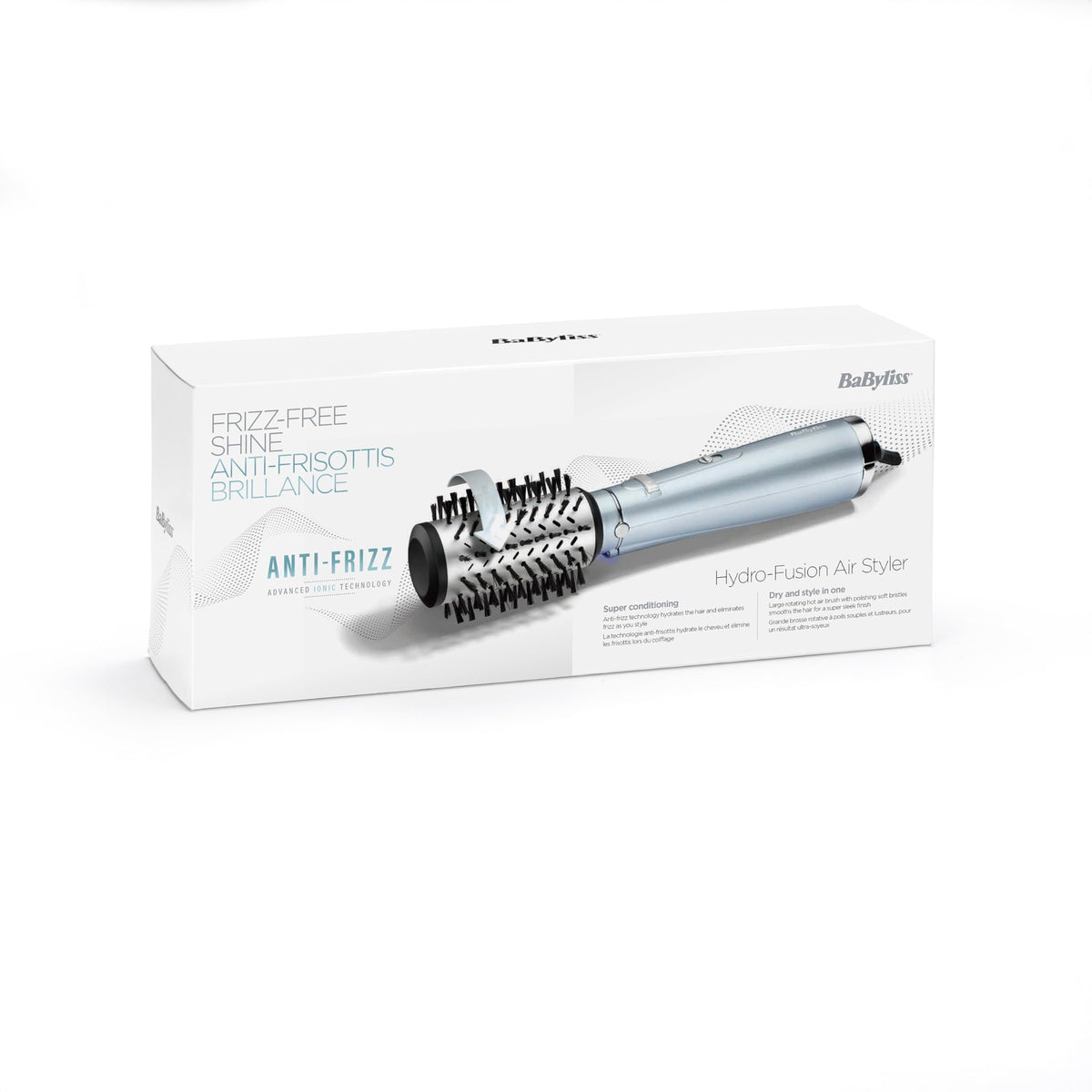 BaByliss Hydro Fusion rotating hot air brush with anti-frizz technology provides moisture and shine, hair dryer brush with ion technology, 1 attachment for volume and fullness, ice blue, AS773E