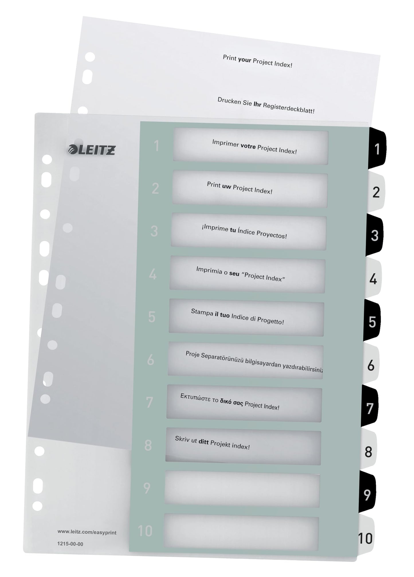 Leitz index for A4, pack of 10, PC-writable cover sheet and 10 dividers, tabs with numbers printed 1-10, extra width, white/black, polypropylene, WOW, 12150000 - 12150000-10