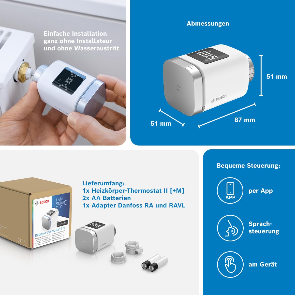 Bosch Smart Home Radiator Thermostat II [+M], a smart radiator thermostat for intelligent heating & energy saving, featuring Matter, app control, Apple Home, Google Home & Alexa, controller required. - 8750002861