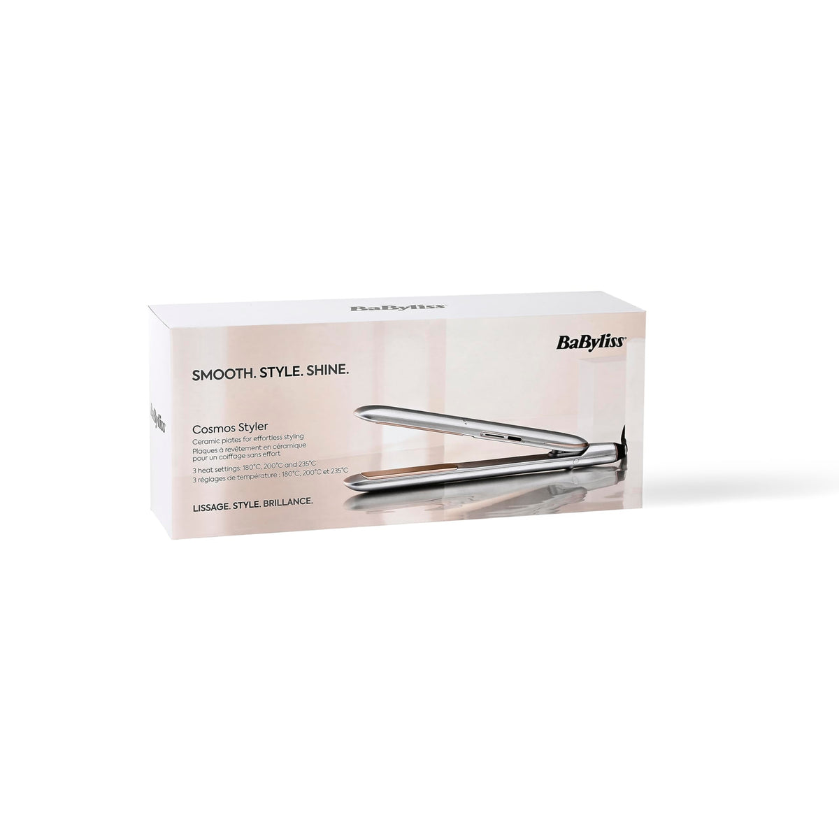 BaByliss Cosmos Straightener – Ceramic Glide Technology, 3 Temperature Settings 180–235°C, Worldwide Use, Silver, ST260E